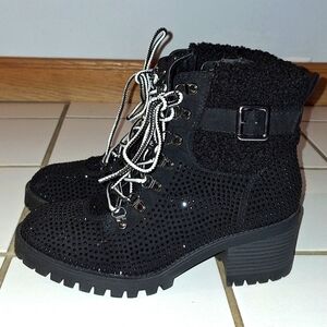 Black Rhinestone Faux Fur Ankle Boots
